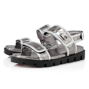 Christian Louboutin Lock Cool Flat Silver Strap Black Platform Dad Sandal 40